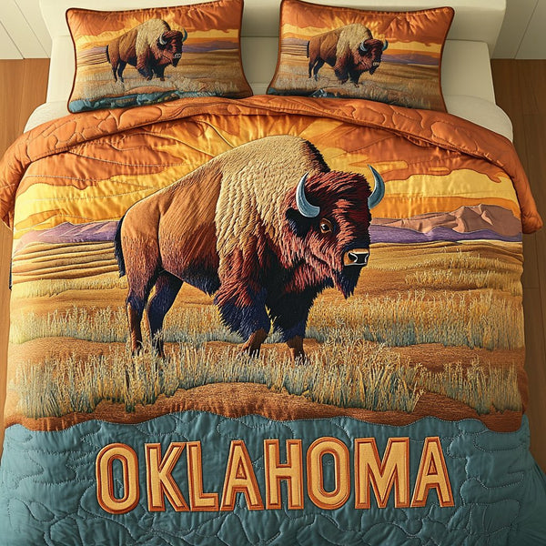 Oklahoma Bison Dreams quilted 3-piece bedding set on a made bed in a rustic timber bedroom