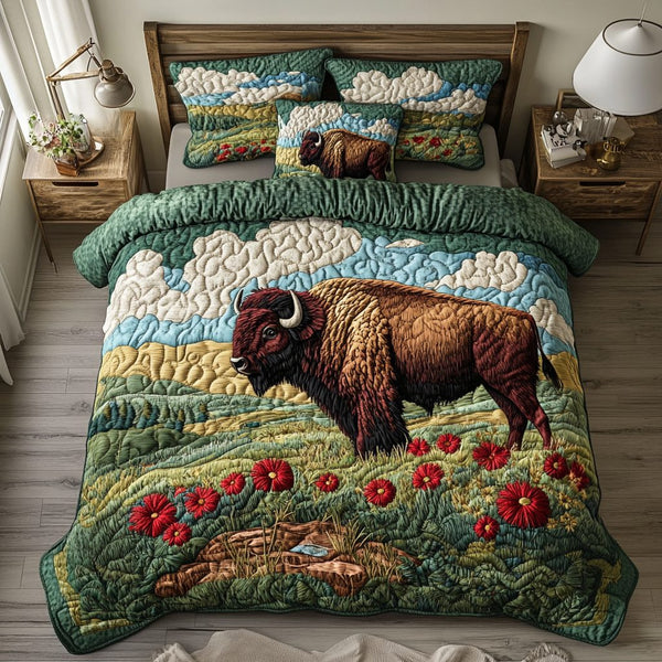 Oklahoma Buffalo Spirit quilted 3-piece bedding set on a made bed in a rustic timber bedroom