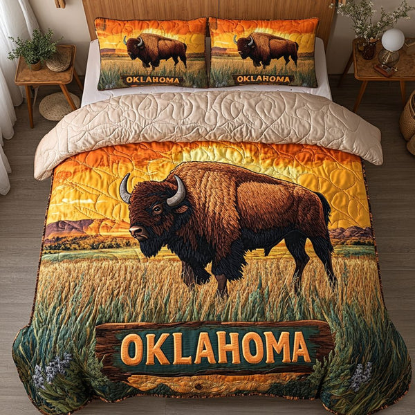 Oklahoma Heritage quilted 3-piece bedding set on a made bed in a farmhouse bedroom