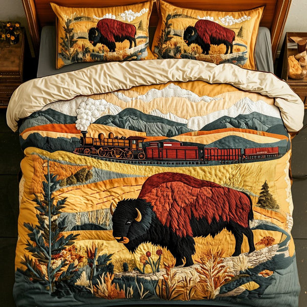 Oklahoma Pride quilted 3-piece bedding set on a made bed with two matching pillow shams