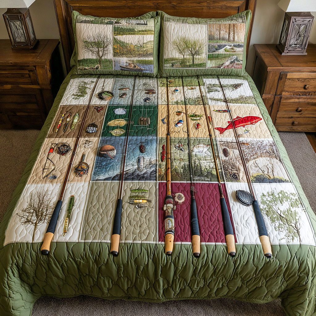 Old Creek Tackle quilted 3-piece bedding set on a made bed with two matching pillow shams