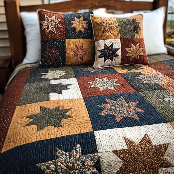 Old-Fashioned Star quilted 3-piece bedding set on a made bed with two matching pillow shams