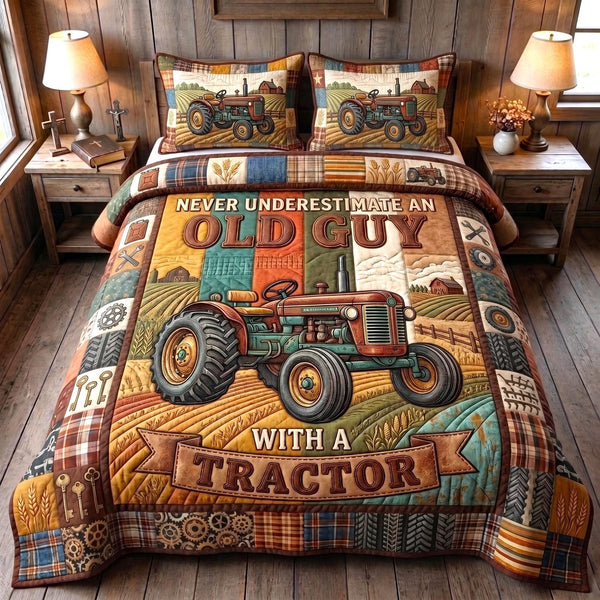 Old Guy Tractor quilted 3-piece bedding set on a made bed with two matching pillow shams