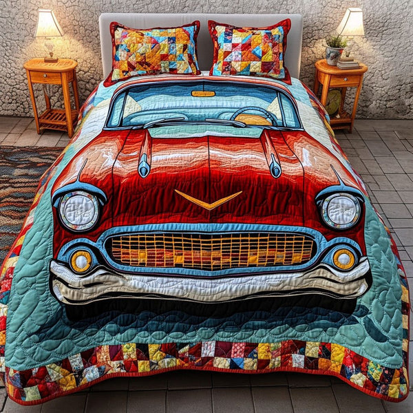 Old School Roadster quilted 3-piece bedding set on a made bed with two matching pillow shams
