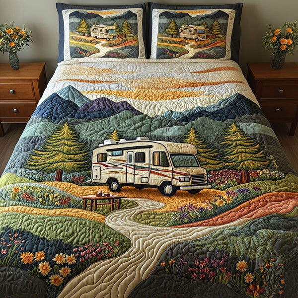 On the Go quilted 3-piece bedding set on a made bed with two matching pillow shams