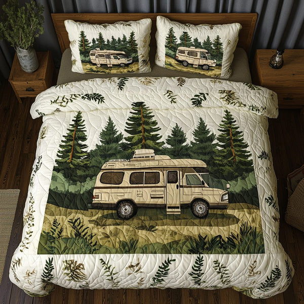 On the Road quilted 3-piece bedding set on a made bed with two matching pillow shams