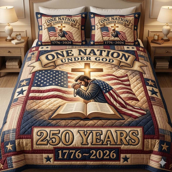 One Nation America quilted 3-piece bedding set on a made bed in a warmly lit bedroom