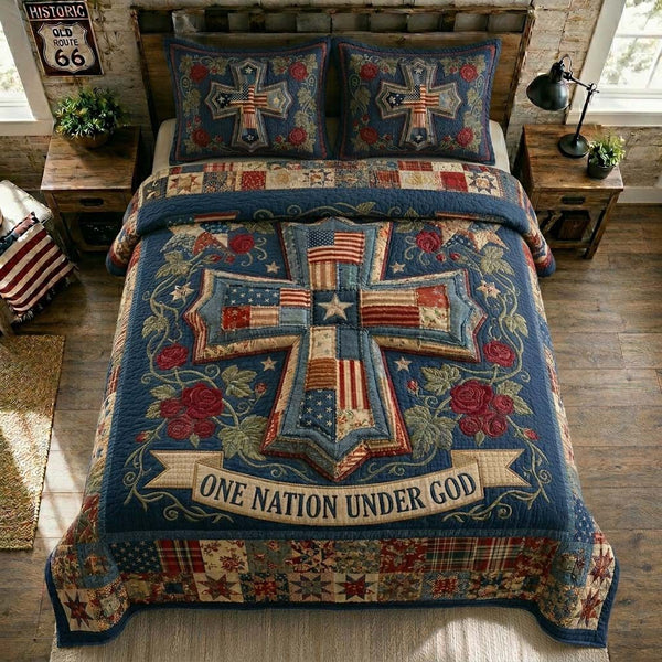 One Nation Cross quilted 3-piece bedding set on a made bed in a softly lit bedroom