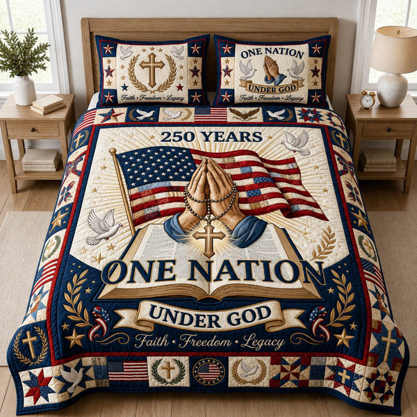 One Nation Under God quilted 3-piece bedding set on a made bed in a softly lit bedroom