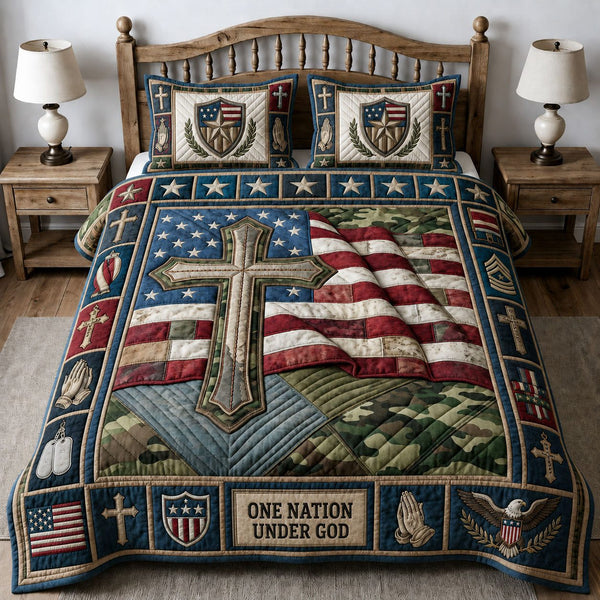 One Nation Under God quilted 3-piece bedding set on a made bed in a softly lit bedroom