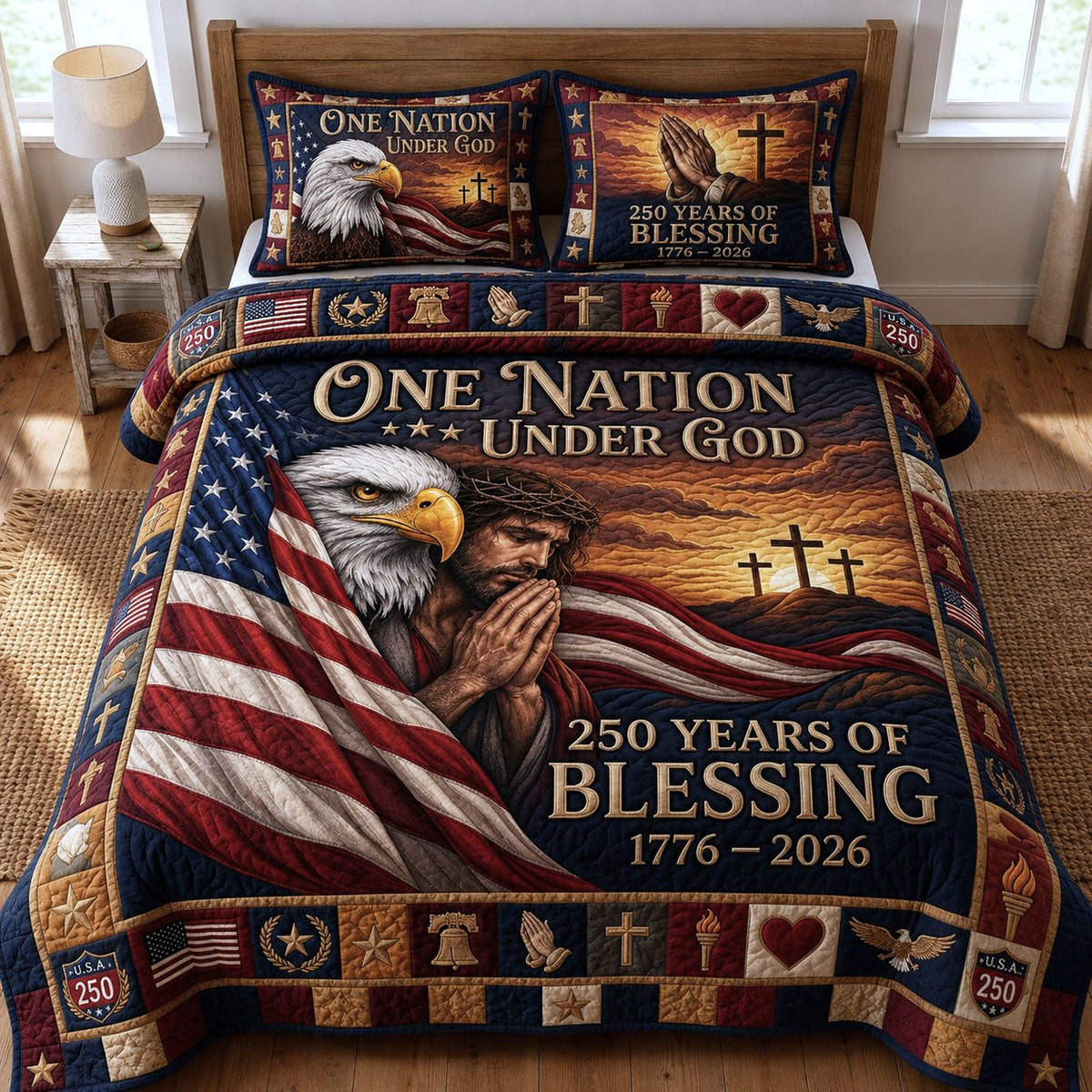 One Nation Under God quilted 3-piece bedding set on a made bed in a softly lit bedroom