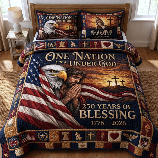One Nation Under God quilted 3-piece bedding set on a made bed in a softly lit bedroom