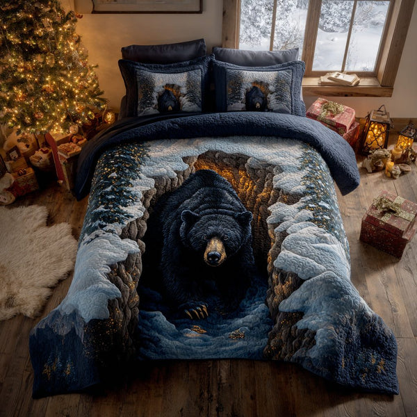 Onyx Bear Den quilted 3-piece bedding set on a made bed with two matching pillow shams