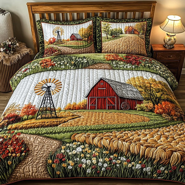 Open Pastures quilted 3-piece bedding set on a made bed with two matching pillow shams