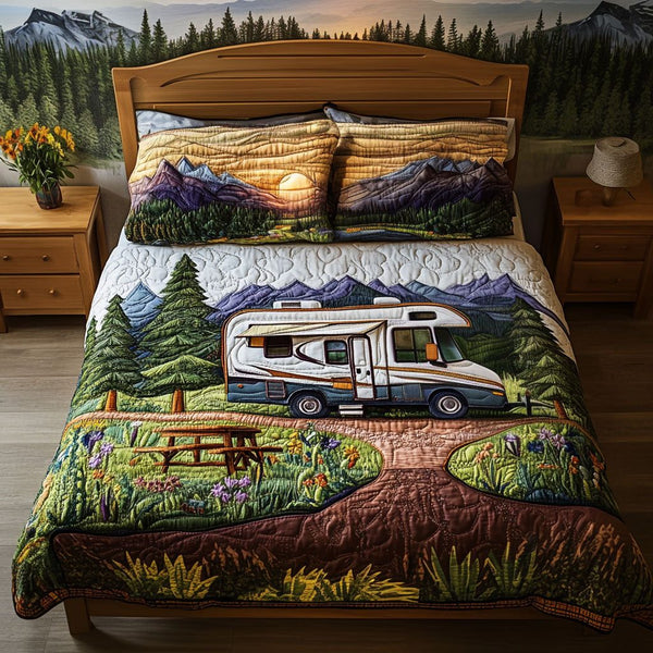 Open Road Dream quilted 3-piece bedding set on a made bed with two matching pillow shams