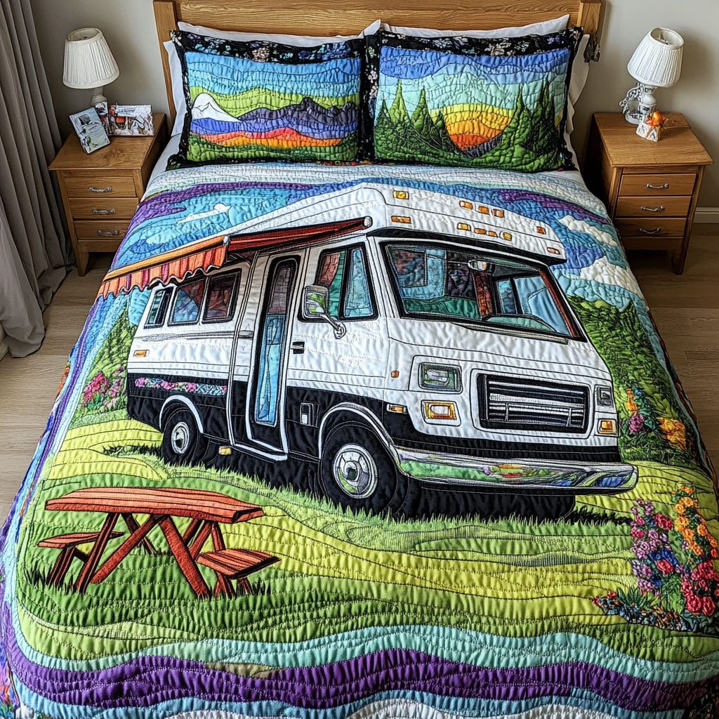 Open Sky Adventure quilted 3-piece bedding set on a made bed in a winter-styled bedroom