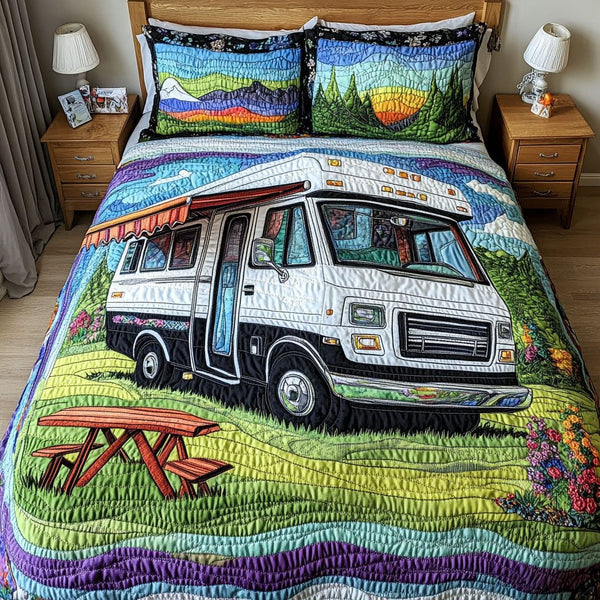 Open Sky Adventure quilted 3-piece bedding set on a made bed in a winter-styled bedroom