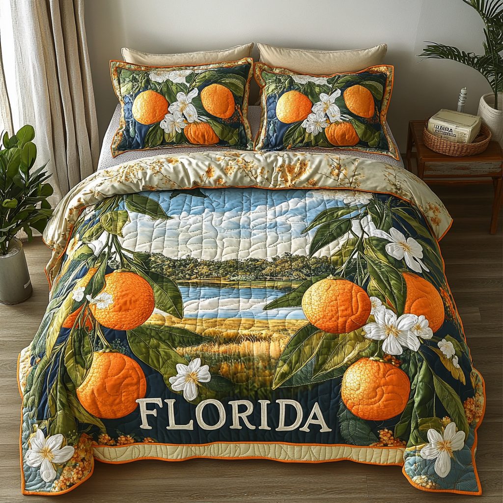 Orange Bliss quilted 3-piece bedding set on a made bed with two matching pillow shams