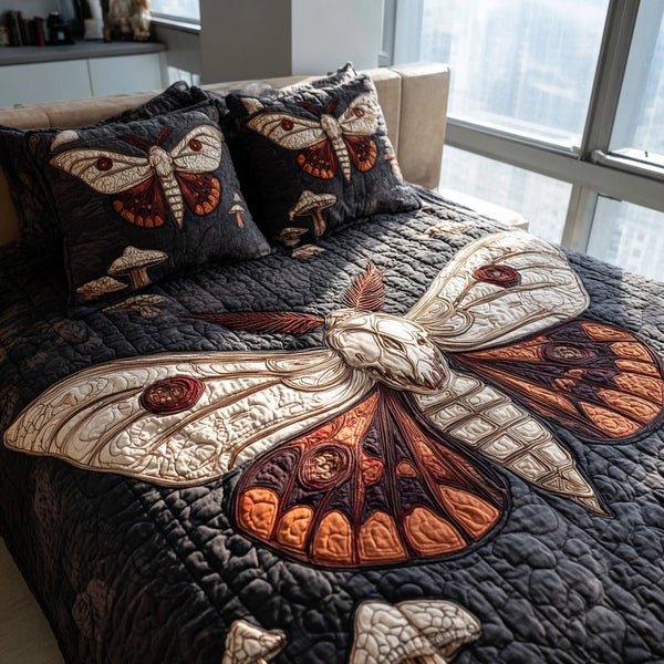 Orange Skull quilted 3-piece bedding set on a made bed against a dark styled interior