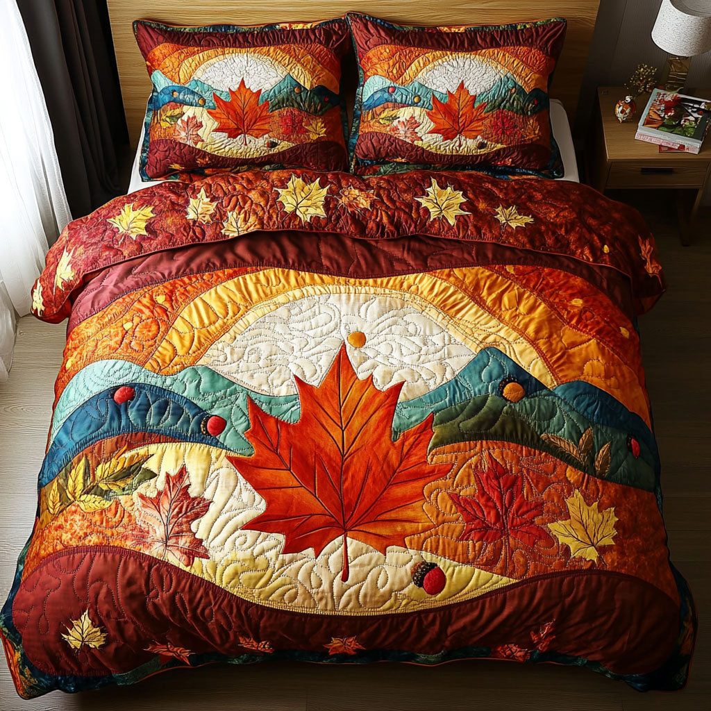 Orchard Breeze quilted 3-piece bedding set on a made bed with two matching pillow shams