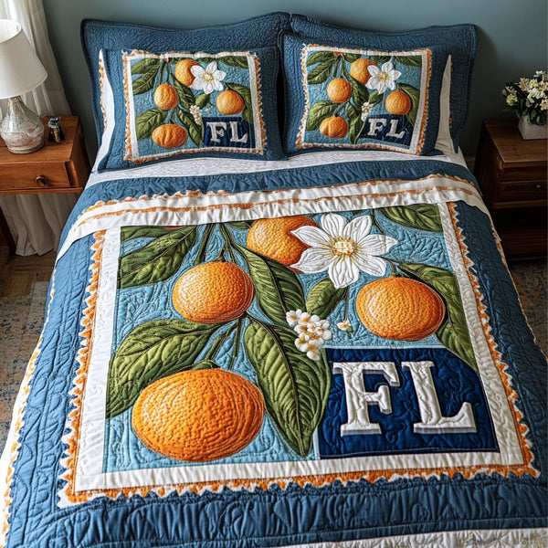 Orchard Haven quilted 3-piece bedding set on a made bed with two matching pillow shams