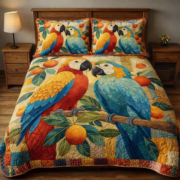 Orchard Parrots quilted 3-piece bedding set on a made bed with two matching pillow shams
