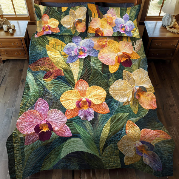 Orchid Garden Dream quilted 3-piece bedding set on a made bed with two matching pillow shams