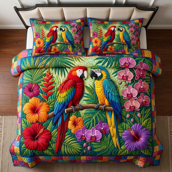 Orchid Macaw quilted 3-piece bedding set on a made bed with two matching pillow shams