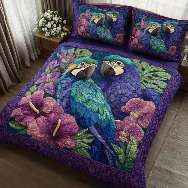 Orchid Parrots quilted 3-piece bedding set on a made bed with two matching pillow shams
