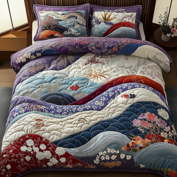 Origami Path quilted 3-piece bedding set on a made bed with two matching pillow shams