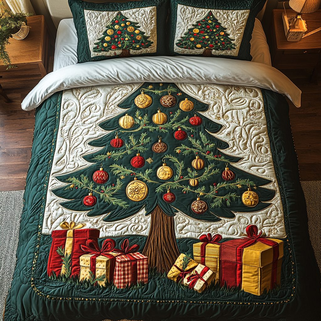 Ornament Bliss quilted 3-piece bedding set on a made bed with two matching pillow shams