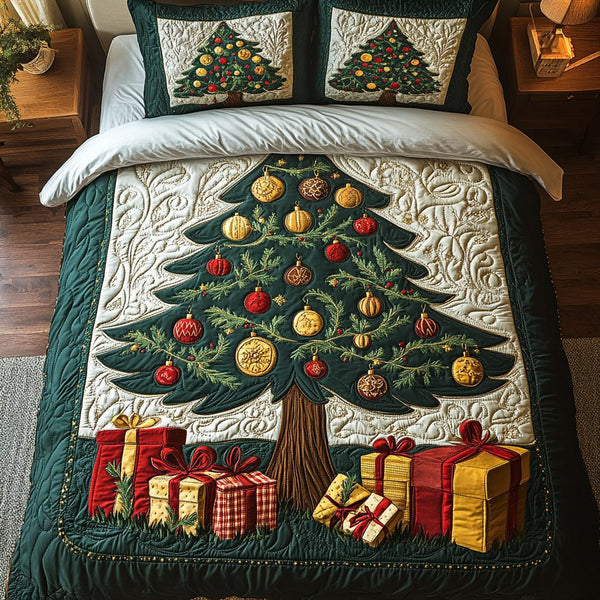 Ornament Bliss quilted 3-piece bedding set on a made bed with two matching pillow shams