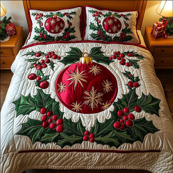 Ornament Delight quilted 3-piece bedding set on a made bed with two matching pillow shams