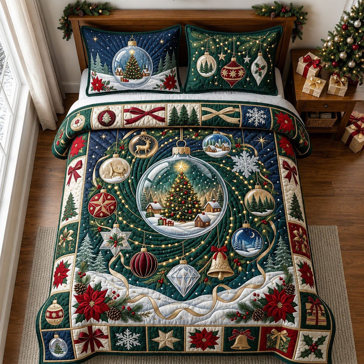 Ornament Votex quilted 3-piece bedding set on a made bed with two matching pillow shams