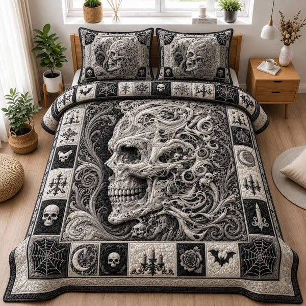 Ornamental Monochrome Skull quilted 3-piece bedding set on a made bed against a dark styled interior