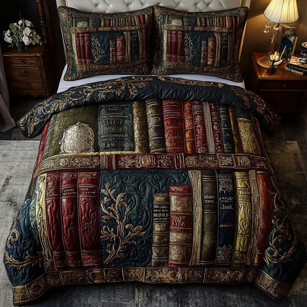 Ornate Bookshelf Slumber quilted 3-piece bedding set on a made bed with two matching pillow shams