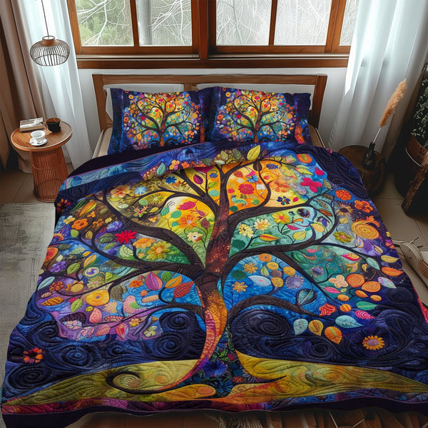 Ornate Celtic Tree Of Life quilted 3-piece bedding set on a made bed with two matching pillow shams