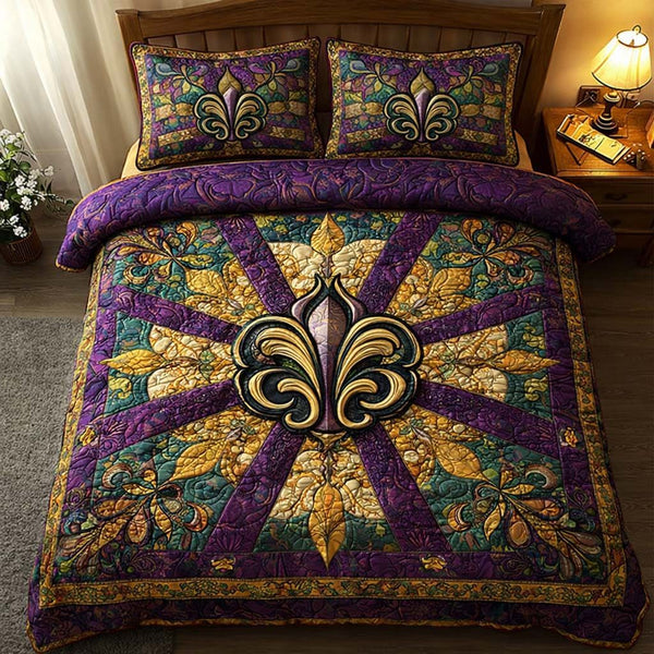 Ornate Fleur quilted 3-piece bedding set on a made bed with two matching pillow shams