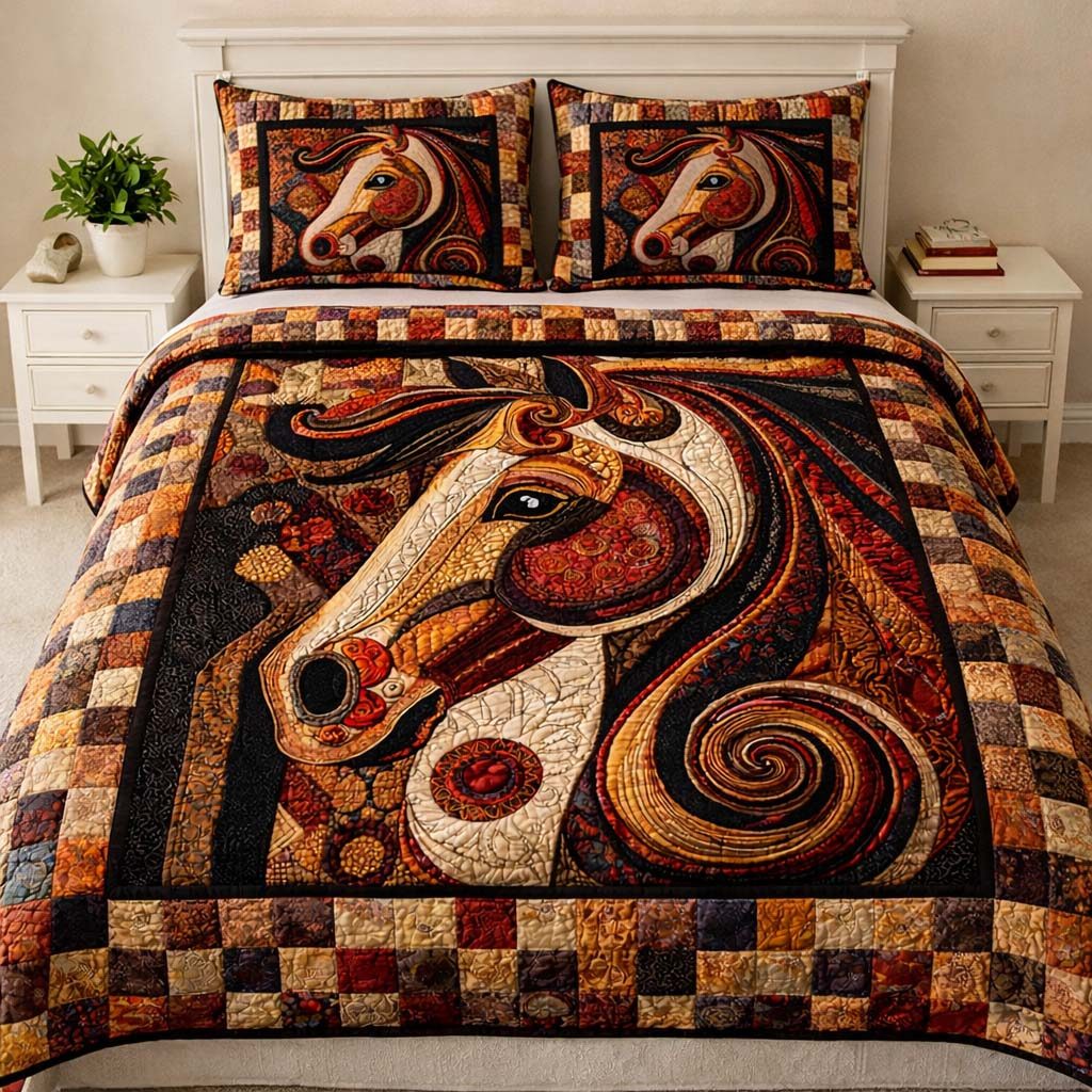 Ornate Patchwork Horse quilted 3-piece bedding set on a made bed in a rustic timber bedroom