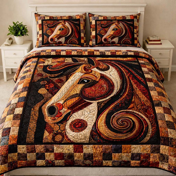 Ornate Patchwork Horse quilted 3-piece bedding set on a made bed in a rustic timber bedroom