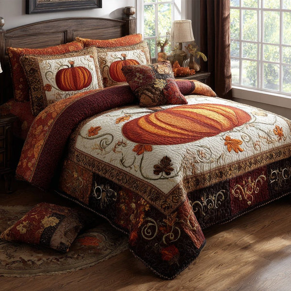 Ornate Pumpkin Harvest quilted 3-piece bedding set on a made bed against a dark styled interior