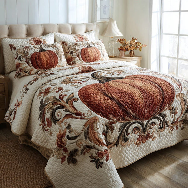 Ornate Pumpkin quilted 3-piece bedding set on a made bed against a dark styled interior