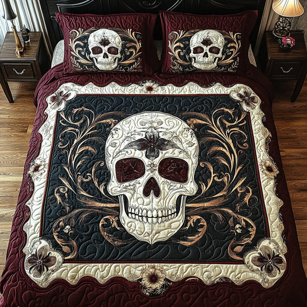 Ornate Skull Sanctuary quilted 3-piece bedding set on a made bed against a dark styled interior