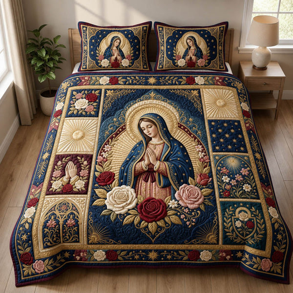 Our Lady Of Guadalupe quilted 3-piece bedding set on a made bed with two matching pillow shams