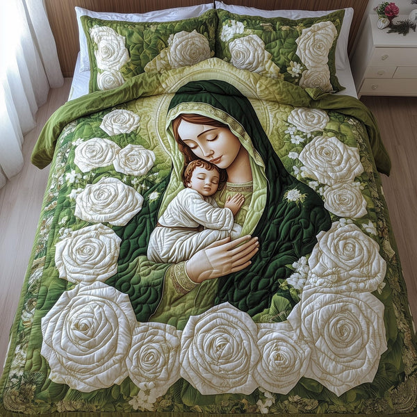Our Lady of Guadalupe quilted 3-piece bedding set on a made bed with two matching pillow shams
