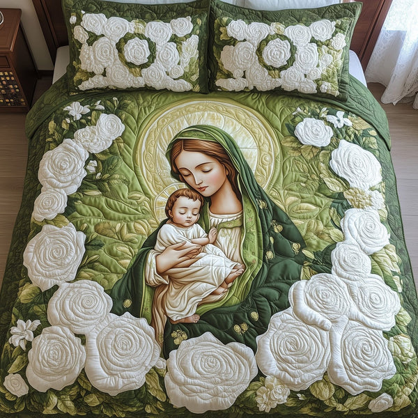 Our Lady of Guadalupe quilted 3-piece bedding set on a made bed with two matching pillow shams