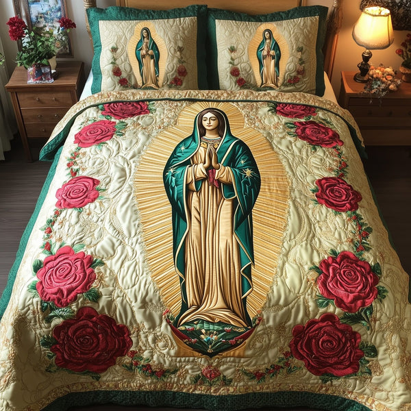 Our Lady of Guadalupe quilted 3-piece bedding set on a made bed with two matching pillow shams