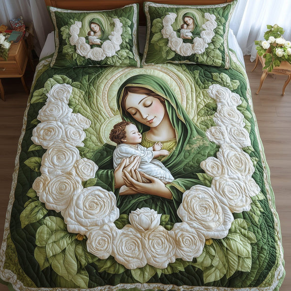 Our Lady of Guadalupe quilted 3-piece bedding set on a made bed with two matching pillow shams