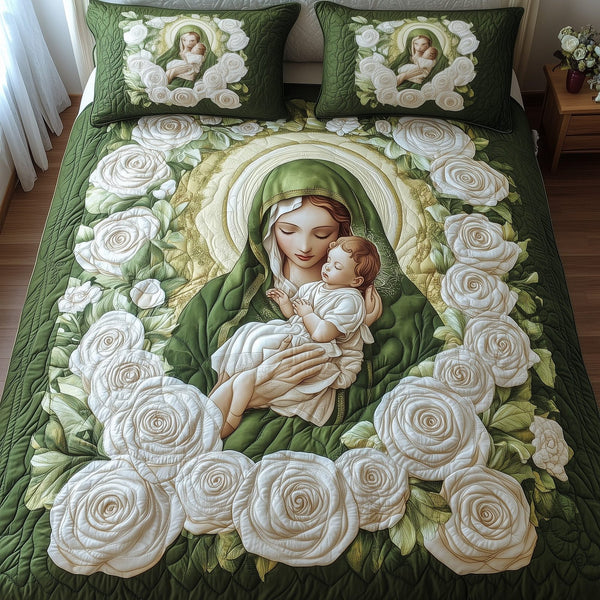Our Lady of Guadalupe quilted 3-piece bedding set on a made bed with two matching pillow shams