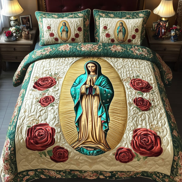 Our Lady of Guadalupe quilted 3-piece bedding set on a made bed with two matching pillow shams